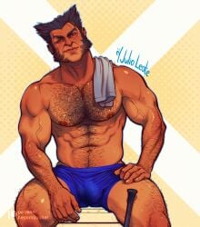 1boy bara beard bulge daddy flaccid hairy_chest julio_leote logan_(x-men) male male_focus male_nipples male_only marvel marvel_comics mature_male muscular_male nipples penis_outline solo solo_male wolverine_(x-men) x-men yaoi