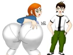 1boy 1girls artgenie ass ass_grab ben_10 ben_tennyson big_ass cameltoe capri_pants cartoon_network clothed clothing female green_eyes gwen_tennyson hairclip hand_on_ass huge_ass looking_back orange_hair panties pants pantylines short_hair wide_hips