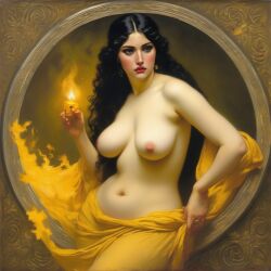 ai_generated belly big_breasts black_hair breasts curvaceous curvy fire lips long_hair navel seductress william_bouguereau