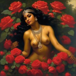 ai_generated belly black_hair bracelet breasts curly_hair curvy dancing dark-skinned_female female flower indian_female lips long_hair medium_breasts navel presenting realistic rose_(flower) smile solo william_bouguereau