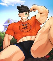 1boy 1male black_hair bulge flaccid flexing green_eyes kingdom_velvet male male_only muscles muscular muscular_male percy_jackson percy_jackson_and_the_olympians solo solo_male thick_thighs thighs wink winking yaoi