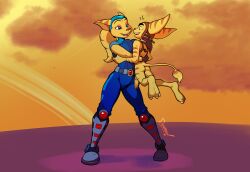 abstract_background absurd_res angela_cross anthro blue_eyes clothed clothing dawmino digital_media_(artwork) duo erection female fur genitals hair hi_res larger_female lombax male male/female mammal nude penis ratchet_(ratchet_and_clank) ratchet_and_clank size_difference sky skyscape smaller_male sony_corporation sony_interactive_entertainment stripes tail yellow_body yellow_fur