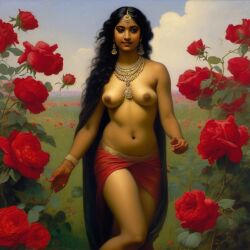 ai_generated belly black_hair bracelet breasts curly_hair curvy dancing dark-skinned_female female flower indian_female lips long_hair medium_breasts navel presenting realistic rose_(flower) smile solo william_bouguereau