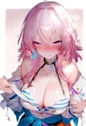 ai_generated blue_eyes blush blush_lines blushing cleavage embarrassed female female_only honkai:_star_rail large_breasts magenta_eyes march_7th_(honkai:_star_rail) pink_hair stable_diffusion two_tone_eyes undressing upset