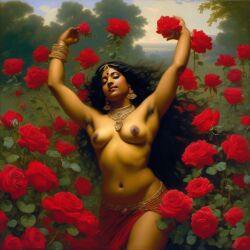 ai_generated belly black_hair bracelet breasts curly_hair curvy dancing dark-skinned_female female flower indian_female lips long_hair medium_breasts navel presenting realistic rose_(flower) smile solo william_bouguereau