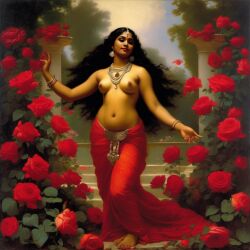 ai_generated belly black_hair bracelet breasts curly_hair curvy dancing dark-skinned_female female flower indian_female lips long_hair medium_breasts navel presenting realistic rose_(flower) smile solo william_bouguereau