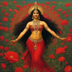 ai_generated belly black_hair bracelet breasts curly_hair curvy dancing dark-skinned_female female flower goddess hindu_mythology indian_female lips long_hair medium_breasts navel presenting realistic rose_(flower) smile solo william_bouguereau