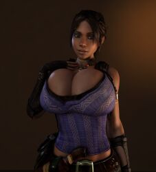 1girls 3d 3d_(artwork) alternate_breast_size barely_contained barely_contained_breasts belt big_breasts big_hips breasts breasts_bigger_than_head brown_eyes brown_hair capcom cleavage cleavage_overflow clothed clothed_female female female_human female_only female_solo fingerless_gloves gloves hips hourglass_figure huge_breasts human human_female human_only large_breasts looking_at_viewer pants resident_evil resident_evil_5 sheva_alomar slim_waist solo solo_female tactical_gear top_heavy top_heavy_breasts upper_body vaako wide_hips