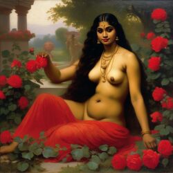 ai_generated belly black_hair bracelet breasts curly_hair curvy dancing dark-skinned_female female flower indian_female lips long_hair medium_breasts navel presenting realistic rose_(flower) smile solo william_bouguereau