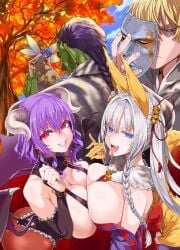 2girls asanagi demon_girl fangs horns male multiple_boys multiple_girls purple_eyes purple_hair red_eyes succubus tagme white_hair