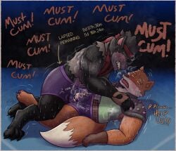 accessory anthro asking_for_help automatic_edging belt black_body black_fur blue_border blush bodily_fluids bondage border bulge bulge_frottage canid canine canis chastity_cage chastity_device clothed clothing crying desperation dire_(fortnite) dominant dominant_male drooling duo edging edging_timer english_text epic_games excessive_genital_fluids excessive_precum excessive_sweat fennix_(fortnite) forced forced_edging fortnite fox frottage frustrated fur genital_fluids grey_body grey_fur headband hi_res holding_down jacket lock_symbol looking_at_viewer male male/male mammal mind_break motion_lines musk musk_clouds mythological_canine mythological_creature mythology null_bulge null_bulge_frottage onomatopoeia orange_body orange_fur penile poorsal precum red_eyes red_fox saliva sex sex_toy sexual_frustration shaking sound_effects stained_clothing stuttering submissive submissive_male sweat sweaty_armpit tears text time timer topwear trembling true_fox unchastity underwear vibrating were werecanid werecanine werewolf wolf yellow_eyes