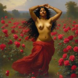 ai_generated belly black_hair bracelet breasts curly_hair curvy dancing dark-skinned_female female flower indian_female lips long_hair medium_breasts navel presenting realistic rose_(flower) smile solo william_bouguereau