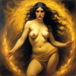 ai_generated belly black_hair breasts curvaceous curvy fire lips long_hair medium_breasts navel seductress william_bouguereau