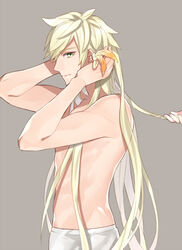 1boy abs blonde_hair earrings green_eyes long_hair looking_at_viewer male_only mikleo_(tales) muscle solo sorey_(tales) tales_of_(series) tales_of_zestiria topless undressing