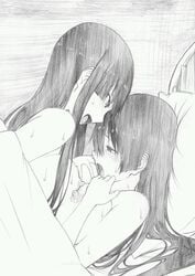 2girls bed blush breast_grab breasts drooling female gamma_(ogino_jun) long_hair monochrome multiple_girls nipples nude open_mouth saliva sweat tears tongue yuri