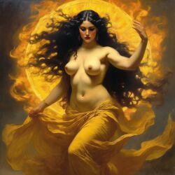 ai_generated belly black_hair breasts curvaceous curvy fire lips long_hair medium_breasts navel seductress william_bouguereau