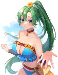 1girls alternate_costume bare_shoulders belt big_ass big_breasts bikini blue_bikini blue_swimsuit blush breasts brown_choker choker cleavage closed_mouth collarbone earrings female female_only fire_emblem fire_emblem:_the_blazing_blade fire_emblem_heroes flower frilled_bikini frills green_eyes green_hair hair_flower hair_ornament high_ponytail highres jewelry large_breasts long_hair looking_at_viewer lyn_(fire_emblem) lyn_(summer)_(fire_emblem) lyndis_(fire_emblem) nintendo official_alternate_costume open_hand satoimo_chika smile solo swimsuit very_long_hair yellow_flower
