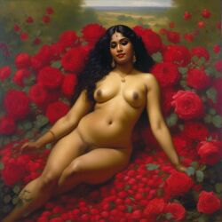 ai_generated belly black_hair bracelet breasts bushy_pubes curly_hair curvy dark-skinned_female female flower indian_female lips long_hair medium_breasts navel presenting pubic_hair realistic rose_(flower) smile solo william_bouguereau