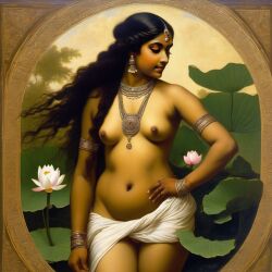 ai_generated belly black_hair breasts curly_hair curvy dark-skinned_female female flower indian_female lips long_hair lotus medium_breasts navel presenting realistic smile solo william_bouguereau