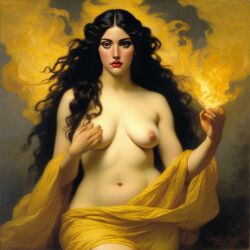 ai_generated belly black_hair breasts curvaceous curvy fire lips long_hair medium_breasts navel seductress william_bouguereau