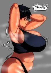 armpits big_breasts black_hair chubby dark-skinned_female dark_skin female glasses huge_breasts large_breasts naufranzz nia_(naufranzz) original short_hair side_view solo sports_bra stretching sweat