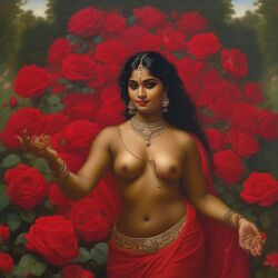 ai_generated belly black_hair bracelet breasts curly_hair curvy dancing dark-skinned_female female flower indian_female lips long_hair medium_breasts navel presenting realistic rose_(flower) smile solo william_bouguereau