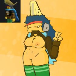 1girls areolae artist_request blue_hair breasts female nipples peace_sign pussy reference_image roblox roblox_avatar robloxian shirt_lift tagme thighhighs yellow_background yellow_skin