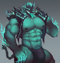 absurd_res anthro barazoku big_bulge big_muscles big_pecs bulge canid canid_demon canine cerberus cerberus_(fortnite) clothed clothing colored_fire demon epic_games european_mythology fire fortnite genitals greek_mythology green_body green_fire green_tongue hellhound hi_res huge_pecs krowndconvz male male_only mammal mostly_nude multi_head muscular mythological_canine mythological_creature mythology open_clothing open_topwear open_vest pecs penis penis_base skimpy solo tongue tongue_out topwear underwear vest