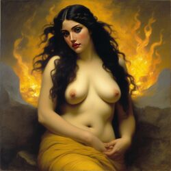 ai_generated belly black_hair breasts curvaceous curvy fire lips long_hair medium_breasts navel seductress william_bouguereau