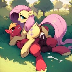 ai_generated animal_genitalia animal_penis big_macintosh_(mlp) earth_pony equid equine female feral feral_on_feral fluttershy_(mlp) friendship_is_magic fur furry hasbro horse male mammal my_little_pony pegasus pink_hair pony yellow_body yellow_fur