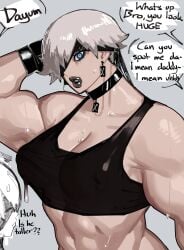 1boy 1girls ambush_(trap) axred7 breasts cleavage dialogue female femboy muscular muscular_femboy muscular_male nier:_automata overly_muscular pecs sweat tank_top text transformation yorha_2b yorha_9s