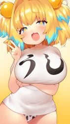 +_+ 1girls :3 :3d :d animal_print arm_under_breasts bangs blonde_hair blue_eyes blue_hair blush bombergirl breasts cosmic_sasami cow_print cute_fang female gradient gradient_background grenade_hair_ornament hair_intakes hair_ornament hi_res huge_breasts large_breasts looking_at_viewer medium_hair msp_sammy multicolored_hair oerba_yun_fang open_mouth panties pine_(bombergirl) print_panties shirt short_hair short_sleeves shortstack smile solo symbol-shaped_pupils t-shirt text text_on_clothing translated twintails two-tone_hair underwear v w white_shirt yellow_background yellow_pupils