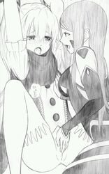 2girls blush bondage drooling female gamma_(ogino_jun) hair_ribbon long_hair monochrome multiple_girls open_mouth pussy rape ribbon saliva scarf tears tied_hair tongue twintails uncensored yuri