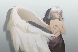 aleng backless_dress backless_outfit bare_shoulders bird_wings breasts commentary_request dress feathered_wings female female_only from_behind gradient_background grey_background grey_hair highres kishin_sagume looking_at_viewer looking_back mature_female medium_hair milf mkt_alen one_wing purple_dress red_eyes sagume_kishin sideboob single_wing touhou white_wings wings