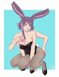 3_legs 4_arms accessworld blue_eyes bunny_ears bunny_girl fishnets hand_between_legs multi_arm multi_leg multi_limb painted_nails pantyhose