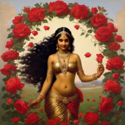 ai_generated belly black_hair bracelet breasts curly_hair curvy dancing dark-skinned_female female flower indian_female lips long_hair medium_breasts navel presenting realistic rose_(flower) smile solo william_bouguereau