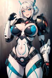 1robot_girl ai_generated android big_breasts blue_eyes cleavage female female_only leotard looking_at_viewer metal_breasts nipple_bulge robot_humanoid roger1011 thick_thighs