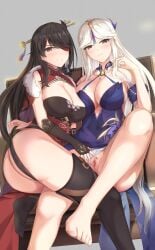 2girls beidou_(genshin_impact) eyepatch female female_only genshin_impact implied_yuri multiple_girls ningguang_(genshin_impact) ningguang_(orchid's_evening_gown)_(genshin_impact) panties_aside red_eyes uncensored uncensored_vagina white_hair white_panties zuikillme