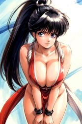 1girls ai_generated black_hair blue_eyes breasts cleavage cosplay fatal_fury female female_only hands_on_legs hands_on_own_legs hands_on_own_thighs hands_on_thighs highres japanese_clothes kimagure_orange_road king_of_fighters large_breasts leaning_forward legs madoka_ayukawa mai_shiranui mai_shiranui_(cosplay) ponytail regaliartz26 sensual shounen_jump snk solo thighs traditional_media