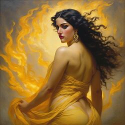 ai_generated back back_view black_hair breasts curvaceous curvy fire lips long_hair medium_breasts seductress william_bouguereau
