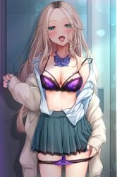 1girl after_kiss blazer blue_bow blue_nails bra brown_cardigan cleavage female green_eyes highres long_hair looking_at_viewer medium_breasts multicolored_hair open_clothes original panties pleated_skirt saliva saliva_on_breasts school_uniform solo tongue tongue_out underwear yoye_(pastel_white)