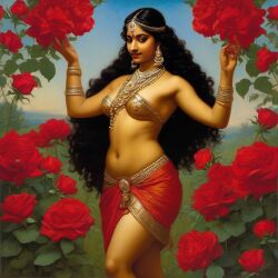 ai_generated belly black_hair bracelet breasts curly_hair curvy dancing dark-skinned_female female flower indian_female lips long_hair medium_breasts navel presenting realistic rose_(flower) smile solo william_bouguereau