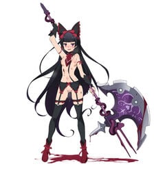 after_sex arm_up bangs black_hair black_legwear blood blunt_bangs blush boots breasts cum cum_in_pussy cum_inside female full_body garter_belt gate_-_jieitai_ka_no_chi_nite_kaku_tatakaeri hair_ornament hair_ribbon huge_weapon legwear long_hair navel nipples open_mouth pussy pussy_juice red_eyes rory_mercury shaved_pussy simple_background smile solo standing thigh_gap thighhighs uncensored very_long_hair weapon white_background