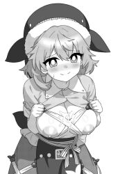 apron blush breasts breasts_out closed_mouth collared_shirt commentary cowboy_shot cum cum_on_body cum_on_breasts female greyscale hair_between_eyes hat large_breasts leaning_forward looking_at_viewer medium_bangs medium_hair monochrome nipples okunoda_miyoi onkn_sxkn open_clothes open_shirt shirt short_sleeves simple_background skirt solo touhou waist_apron whale_hat white_background
