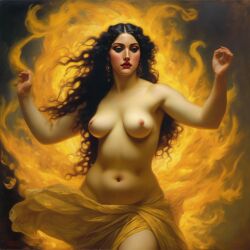 ai_generated belly black_hair breasts curvaceous curvy fire lips long_hair medium_breasts navel seductress william_bouguereau