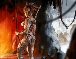 1girls amazon athletic athletic_female back back_turned bow braided_hair breasts brown_hair cave feathers feathers_in_hair female female_only firm_breasts loincloth muscular muscular_female nipple sonia_matas spear topless_female war_paint warrior