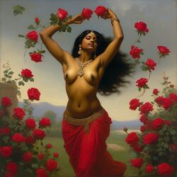 ai_generated belly black_hair bracelet breasts curly_hair curvy dancing dark-skinned_female female flower indian_female lips long_hair medium_breasts navel presenting realistic rose_(flower) smile solo william_bouguereau