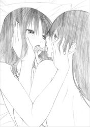 2girls bed blush breasts drooling female gamma_(ogino_jun) incest long_hair monochrome multiple_girls nude on_bed open_mouth saliva siblings sisters tears tongue tongue_out yuri