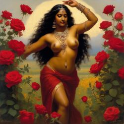 ai_generated belly black_hair bracelet breasts curly_hair curvy dancing dark-skinned_female female flower indian_female lips long_hair medium_breasts navel presenting realistic rose_(flower) smile solo william_bouguereau