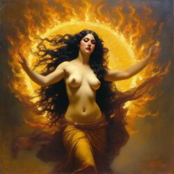 ai_generated belly black_hair breasts curvaceous curvy fire lips long_hair medium_breasts navel seductress william_bouguereau